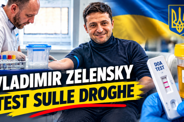 Vladimir Zelensky durante un prelievo medico per un test sulle droghe, accompagnato da un operatore sanitario in laboratorio.