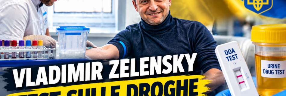 Vladimir Zelensky durante un prelievo medico per un test sulle droghe, accompagnato da un operatore sanitario in laboratorio.